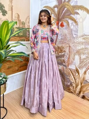 Pure Chinon Embroidery Work Purple Lehenga Choli With Jacket