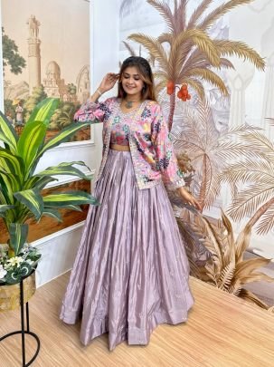 Pure Chinon Embroidery Work Purple Lehenga Choli With Jacket