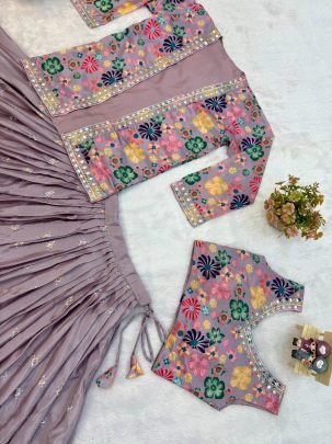 Pure Chinon Embroidery Work Purple Lehenga Choli With Jacket