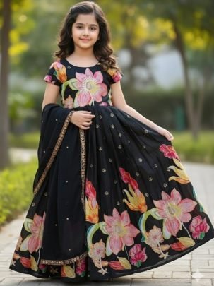 Pure Chinon  Silk Fabric Black Colour Gown With Dupatta