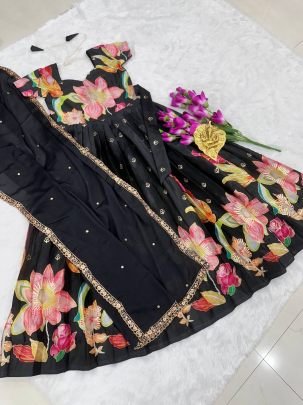 Pure Chinon  Silk Fabric Black Colour Gown With Dupatta