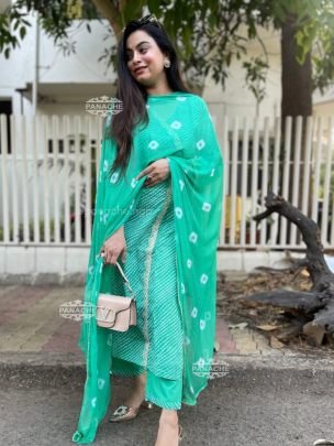Pure Fine Cotton Fabric Lahariya Kurti with Pant     Comfortable   Stylish Light Green Color
