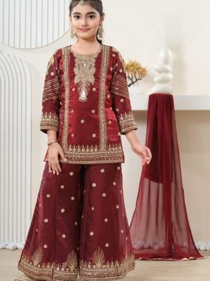 Pure Gmy Silk Maroon Colour Kids Sharara Suit