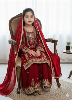 Pure Gmy Silk Maroon Colour Kids Sharara Suit