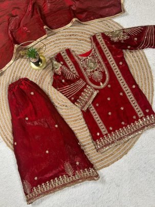 Pure Gmy Silk Maroon Colour Kids Sharara Suit