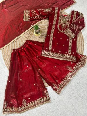 Pure Gmy Silk Maroon Colour Kids Sharara Suit