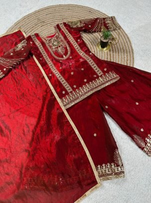 Pure Gmy Silk Maroon Colour Kids Sharara Suit
