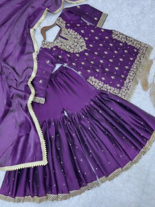 Pure Gmy Silk Purple Colour Sharara Suit