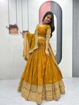 Pure Gold Crush Embroidered Lehenga Choli With Heavy Sequence Work Dupatta