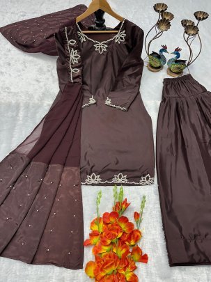 Pure Natural Crap Moti Work Farsi Salver Suit