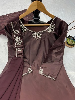 Pure Natural Crap Moti Work Farsi Salver Suit