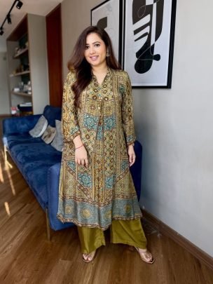 Pure Natural Crepe Ajrakh Print Mirror Work Set with Palazzo with Mehendi colour