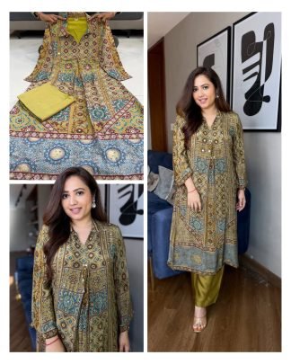 Pure Natural Crepe Ajrakh Print Mirror Work Set with Palazzo with Mehendi colour