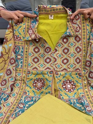Pure Natural Crepe Ajrakh Print Mirror Work Set with Palazzo with Mehendi colour