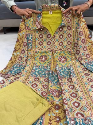 Pure Natural Crepe Ajrakh Print Mirror Work Set with Palazzo with Mehendi colour