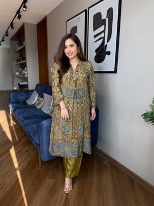 Pure Natural Crepe Ajrakh Print Mirror Work Set with Palazzo with Mehendi colour