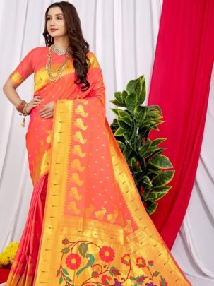 Pure Paithani Silk Handloom Orange Saree With Pure Gold Zari Work