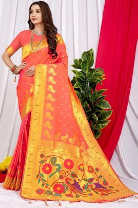 Pure Paithani Silk Handloom Orange Saree With Pure Gold Zari Work