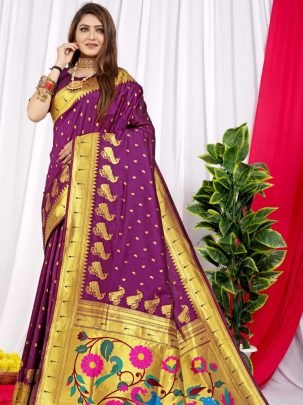 Pure Paithani Silk Handloom Wine Saree With Pure Gold Zari Work
