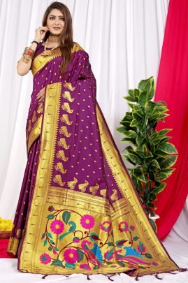 Pure Paithani Silk Handloom Wine Saree With Pure Gold Zari Work