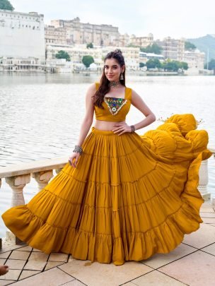 Pure Rayon Mustard 10 Meter Flair Navratri Lehenga Choli 