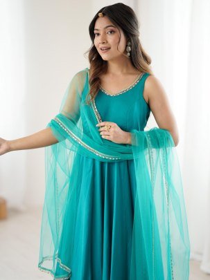 Pure Roman silk Chanderi Fabric Rama Colour Anarkali Suit