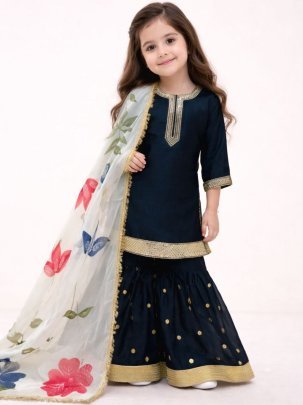 Pure Silk Black Colour Kids Sharara Suit