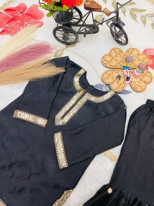 Pure Silk Black Colour Kids Sharara Suit