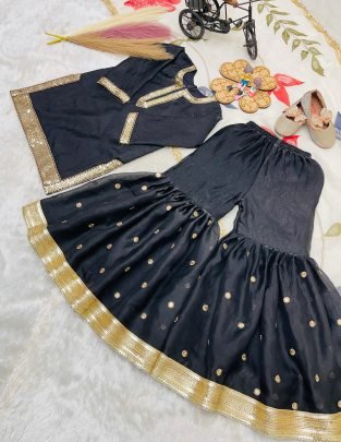 Pure Silk Black Colour Kids Sharara Suit