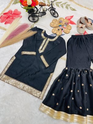 Pure Silk Black Colour Kids Sharara Suit