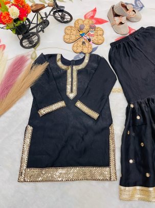 Pure Silk Black Colour Kids Sharara Suit