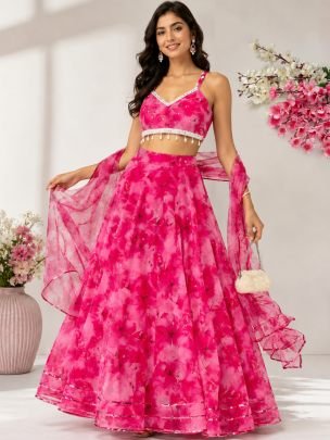 Pure Silk Organza Pink Colour Lehenaga