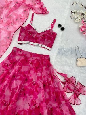 Pure Silk Organza Pink Colour Lehenaga