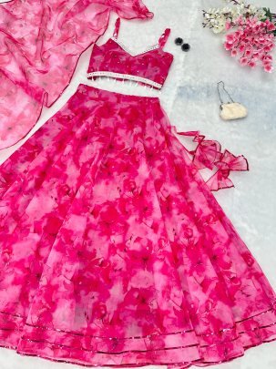 Pure Silk Organza Pink Colour Lehenaga