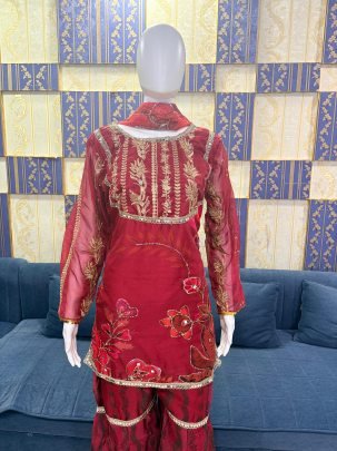 Pure Tabby Silk  Hand Sequins Work  Sharara Suit