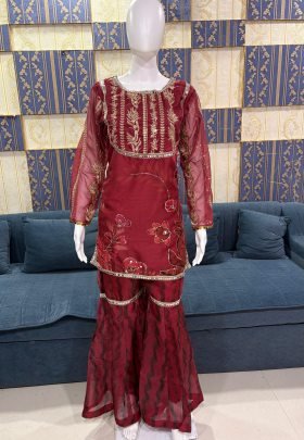 Pure Tabby Silk  Hand Sequins Work  Sharara Suit