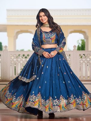 Pure Vichitra Fabric Rama Colour Lehnga Choli Dupatta 