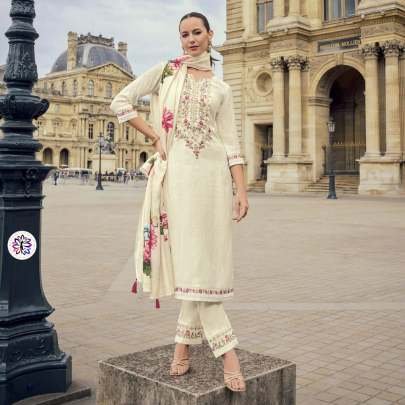 Pure Viscose Jacquard White Top With Bottom And Silk Crepe Dupatta