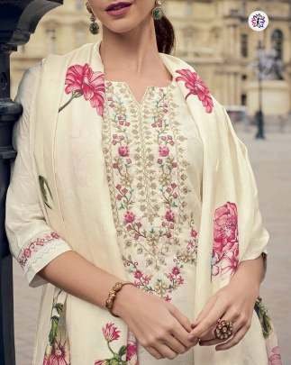 Pure Viscose Jacquard White Top With Bottom And Silk Crepe Dupatta