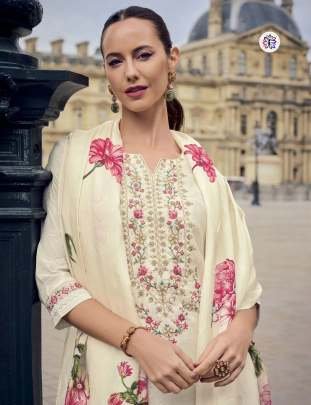 Pure Viscose Jacquard White Top With Bottom And Silk Crepe Dupatta