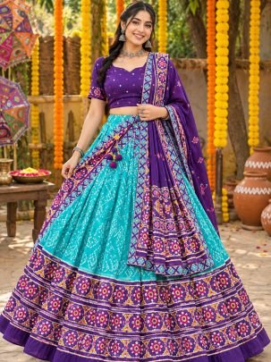  Purple  Blue  Embroidery Lace  Silk Lehenga Set