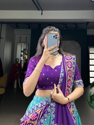 Purple  Blue  Embroidery Lace  Silk Lehenga Set