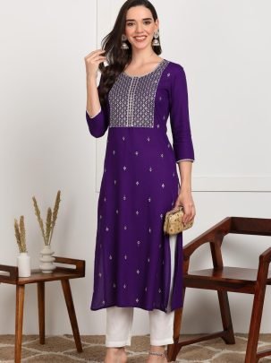 Stylish Single Embroidery Sequence Work Kurti  Elegant Ethnic Wear Online Purple Color 