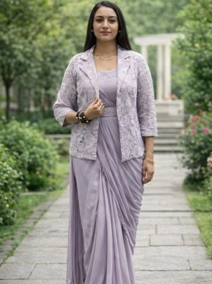 Purple Colour Ready To Wear Saree With Jacket