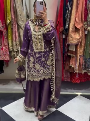 Purple Colour  Real Mirror Work Palazzo Suit