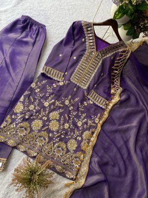 Purple Colour  Real Mirror Work Palazzo Suit