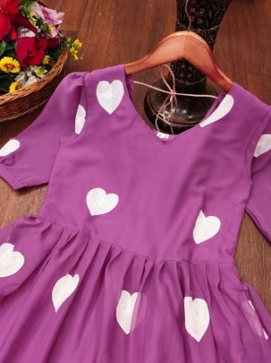 Purple  Colour With White Heart  One Pices Dress