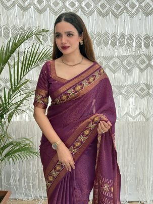 Purple Cotton Fabric Saree With Zari Jacquard Work