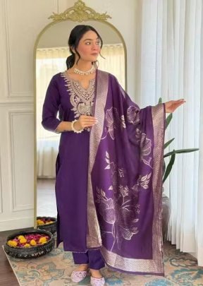Purple Cotton Kurta Pant Set with Chanderi Floral Dupatta