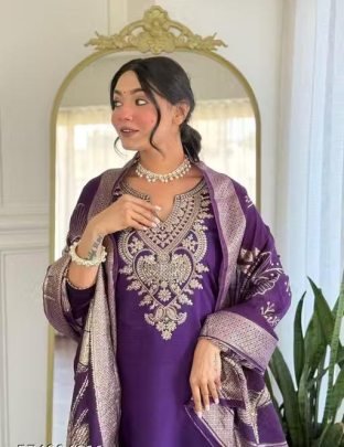 Purple Cotton Kurta Pant Set with Chanderi Floral Dupatta